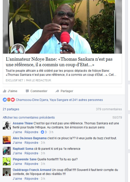 Attaque contre Sankara: Les burkinabés massacrent Ndoye Bane sur le facebook