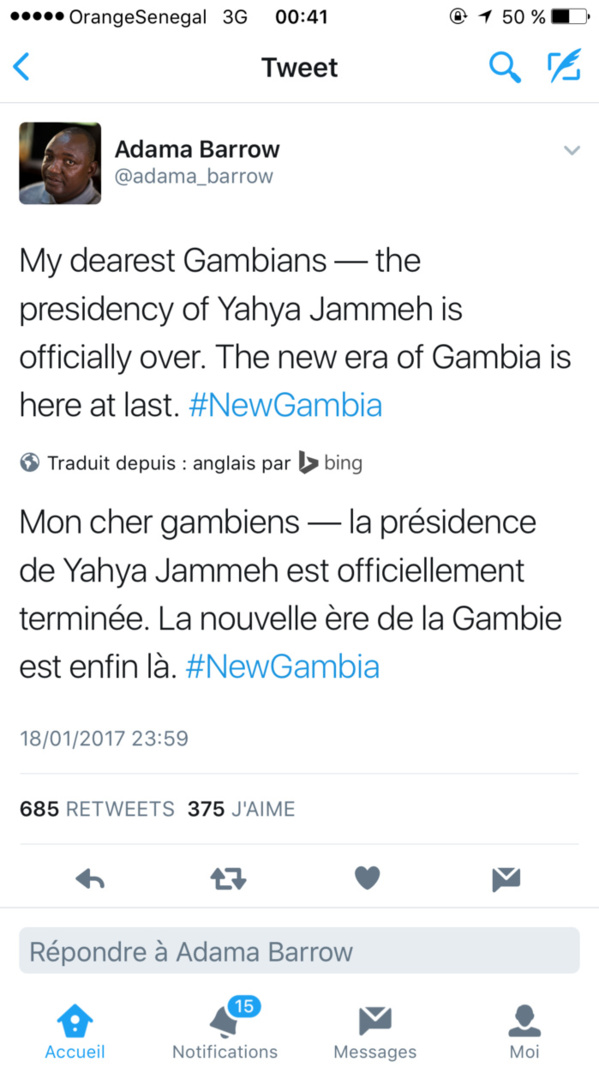 Le président Adama Barrow annonce la fin du régime Jammeh Le président Adama Barrow annonce la fin du régime Jammeh