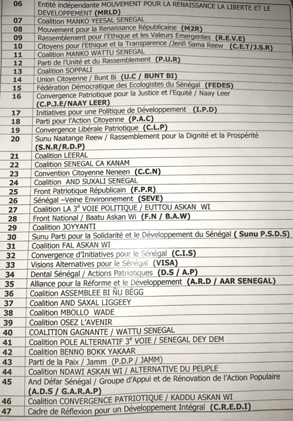 Voici les 47 listes retenues pour les législatives de juillet 2017 Voici les 47 listes retenues pour les législatives de juillet 2017