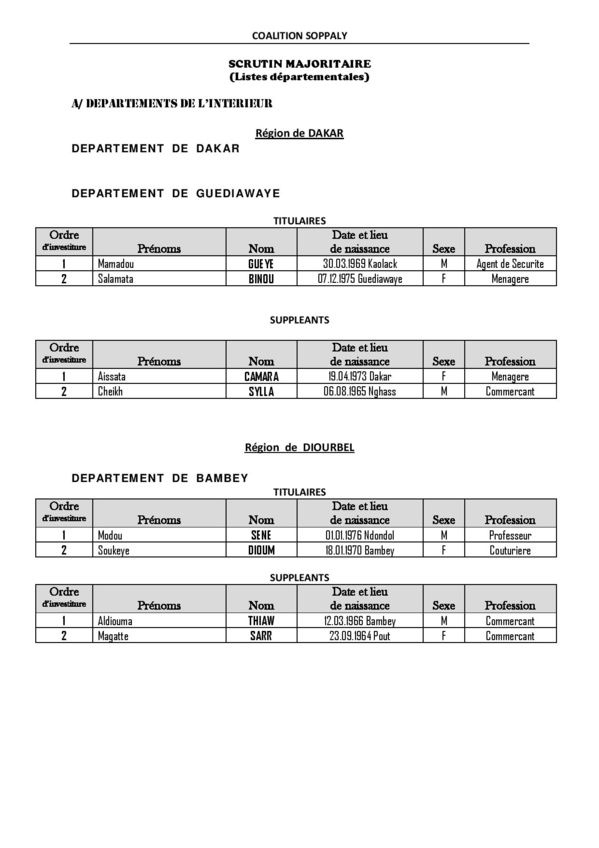 Législatives 2017- Voici la liste complète de la Caolition Soppaly, dirigée par Aly Sega Camara