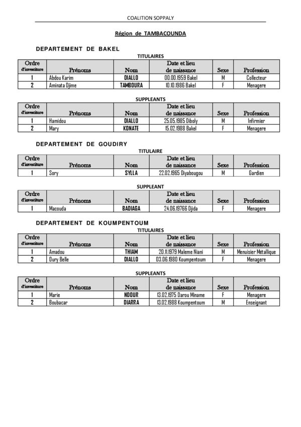 Législatives 2017- Voici la liste complète de la Caolition Soppaly, dirigée par Aly Sega Camara