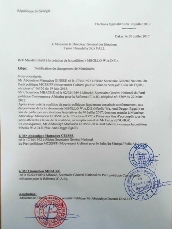Dernière minute: Farba Senghor destitué à la tête de la coalition "Mbolo Wade"(Document ) Dernière minute: Farba Senghor destitué à la tête de la coalition "Mbolo Wade"(Document )