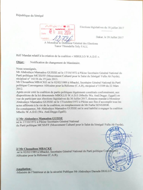 Dernière minute: Farba Senghor destitué à la tête de la coalition "Mbolo Wade"(Document ) Dernière minute: Farba Senghor destitué à la tête de la coalition "Mbolo Wade"(Document )