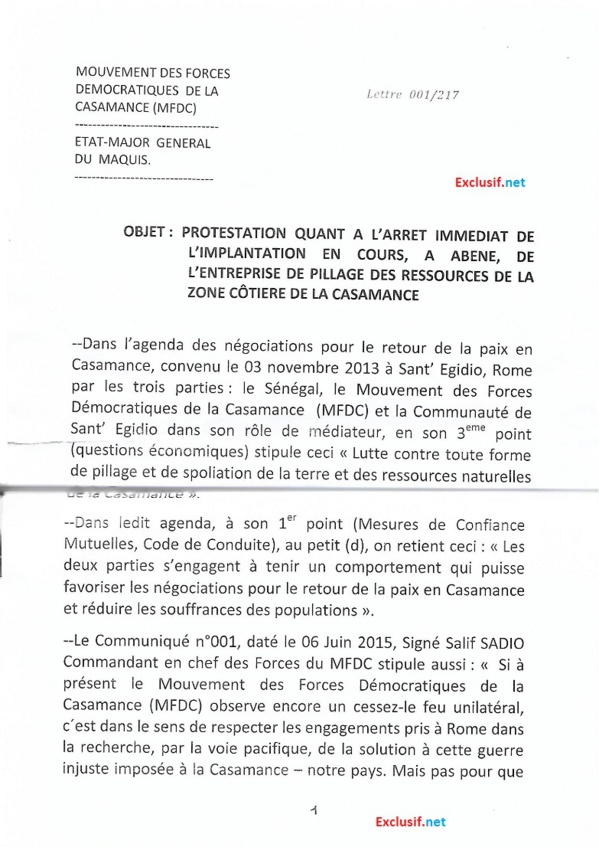 Exploitation du Zircon en Casamance: les rebelles du MFDC s'opposent et menacent (Documents) Exploitation du Zircon en Casamance: les rebelles du MFDC s'opposent et menacent (Documents)