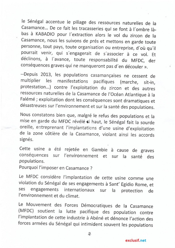 Exploitation du Zircon en Casamance: les rebelles du MFDC s'opposent et menacent (Documents)