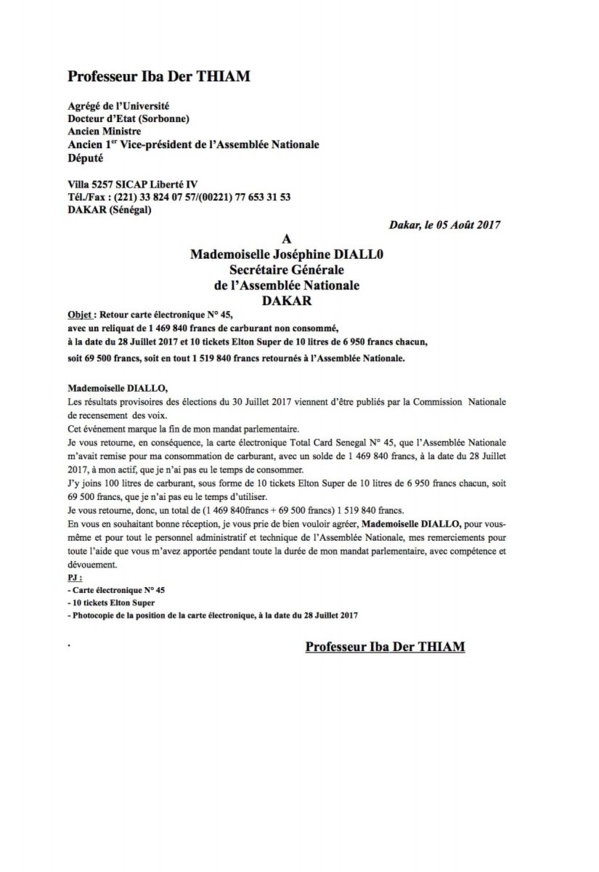 Assemblée Nationale: Ibar Der Thiam, rend son carburant Assemblée Nationale: Ibar Der Thiam, rend son carburant