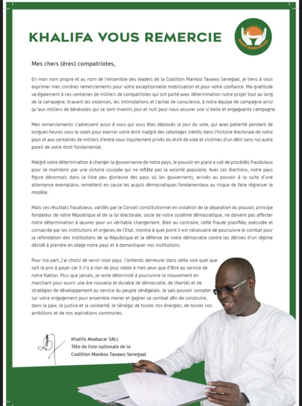 Khalifa Sall écrit encore aux Sénégalais : "Je vous remercie" (DOCUMENT) Khalifa Sall écrit encore aux Sénégalais : "Je vous remercie" (DOCUMENT)
