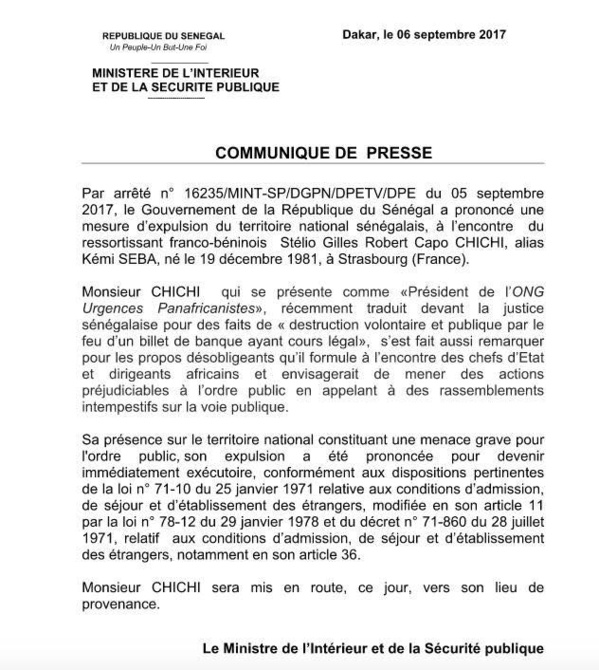 Voici l'arrêté d'expulsion de l'activiste Kémi Séba 