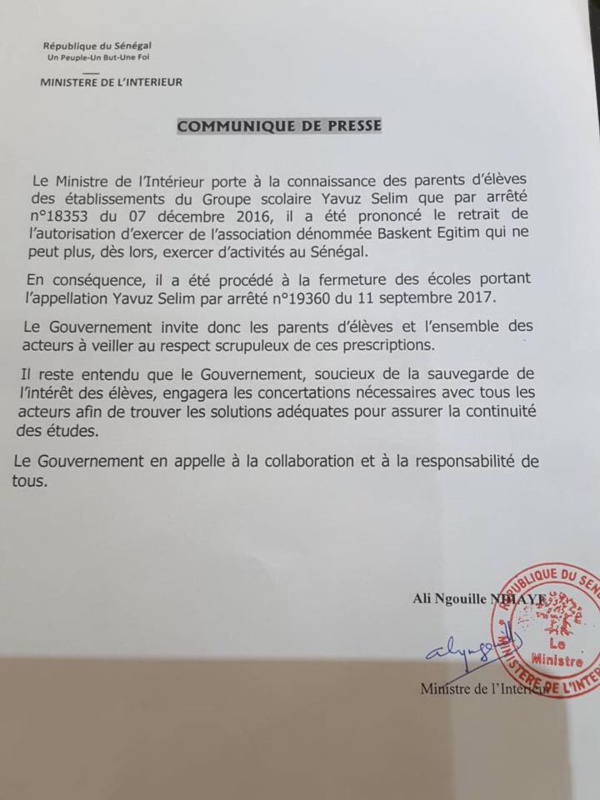 L’Etat du Sénégal ferme officiellement Yavuz Selim L’Etat du Sénégal ferme officiellement Yavuz Selim