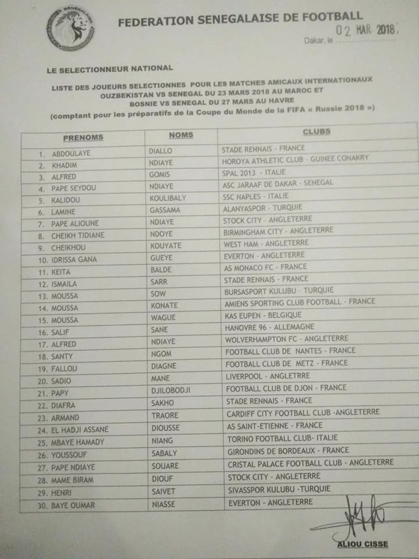 Amicaux des 23 et 27 mars: Aliou Cissé rend publique une liste de 30 Lions Amicaux des 23 et 27 mars: Aliou Cissé rend publique une liste de 30 Lions
