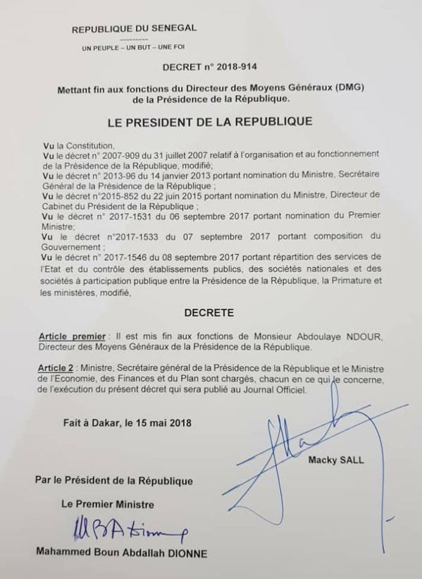 Macky Sall vire le DAGE de la Présidence de la république 