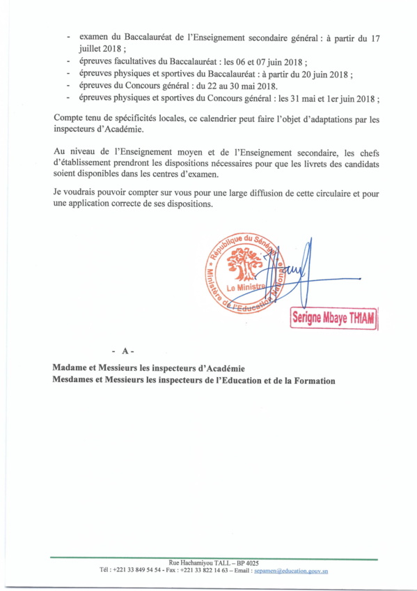 Lettre circulaire relative au réaménagement du calendrier des évaluations de l'année scolaire 2017/2018 Lettre circulaire relative au réaménagement du calendrier des évaluations de l'année scolaire 2017/2018