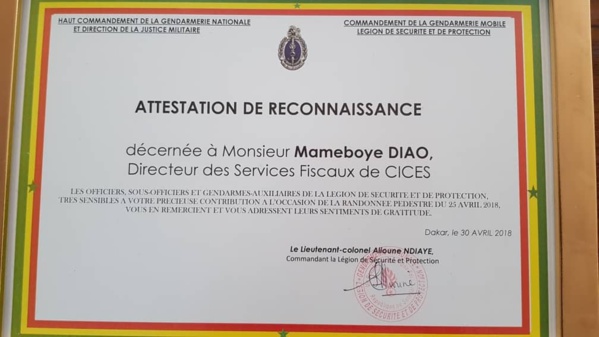 La gendarmerie nationale décerne un diplôme à Mameboy Diao