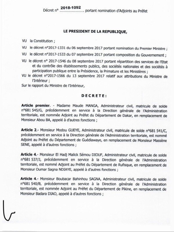 Urgent: Décrets portant nomination d'Adjoints au Préfet et de Sous-préfets (DOCUMENTS)