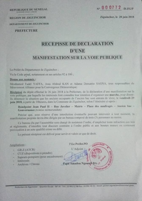 Dernière minute: le préfet autorise la marche contre l’aménagement de l'ancien Bac de Ziguinchor Dernière minute: le préfet autorise la marche contre l’aménagement de l'ancien Bac de Ziguinchor