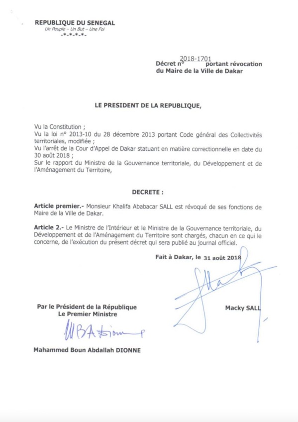 URGENT: Macky chasse Khalifa Sall de la mairie de Dakar (Documents) URGENT: Macky chasse Khalifa Sall de la mairie de Dakar (Documents)