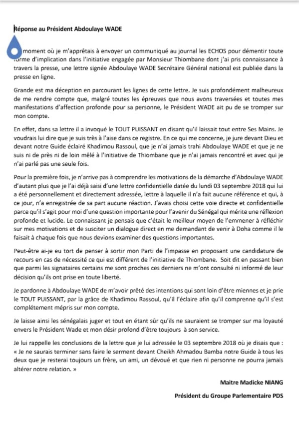 Me Madické Niang à Me Wade: «Grande est ma déception en parcourant les lignes de votre lettre » Me Madické Niang à Me Wade: «Grande est ma déception en parcourant les lignes de votre lettre »