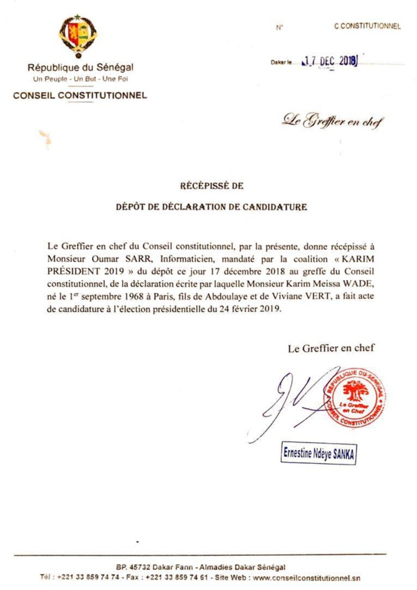 Conseil Constitutionnel: Karim Wade a déposé sa candidature