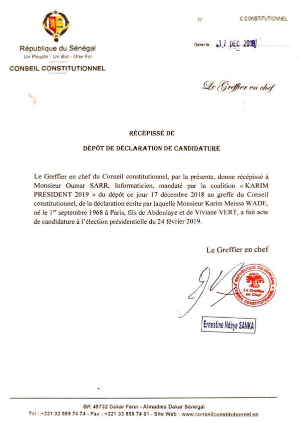 Conseil Constitutionnel: Karim Wade a déposé sa candidature Conseil Constitutionnel: Karim Wade a déposé sa candidature