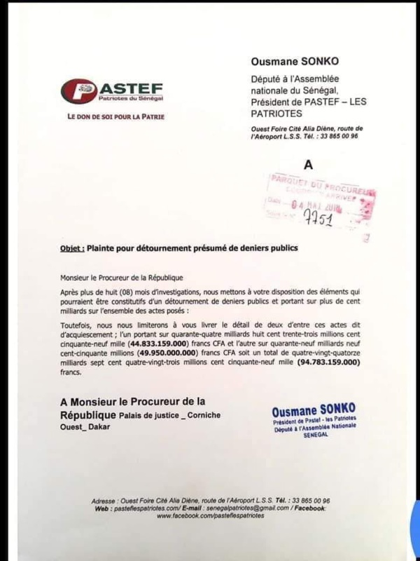 Affaire des 94 milliards: Le Procureur a reçu la plainte de Sonko Affaire des 94 milliards: Le Procureur a reçu la plainte de Sonko
