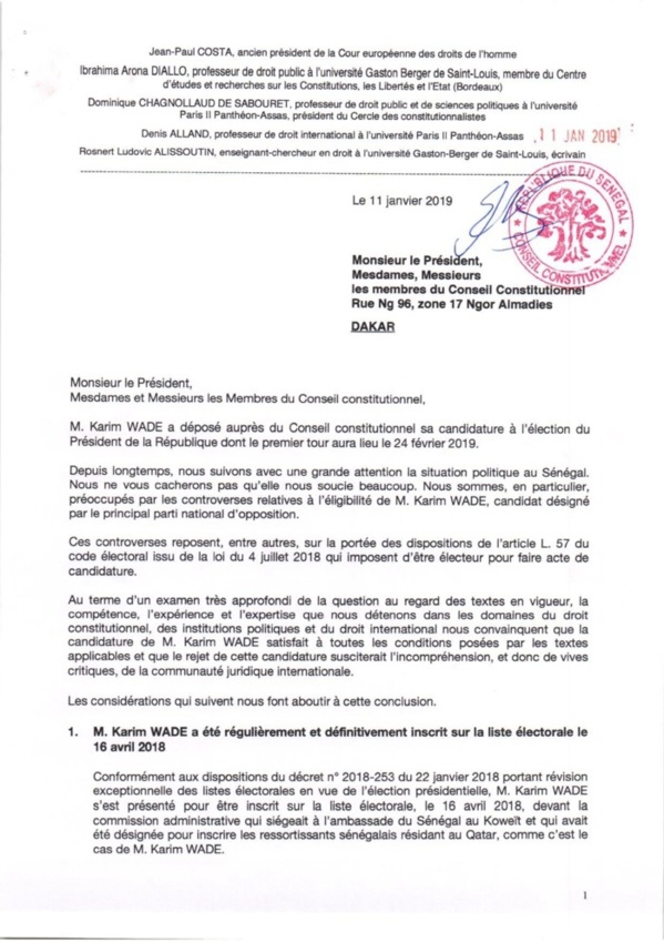 Candidature de Karim Wade: d’éminents juristes internationaux écrivent au Conseil constitutionnel Candidature de Karim Wade: d’éminents juristes internationaux écrivent au Conseil constitutionnel