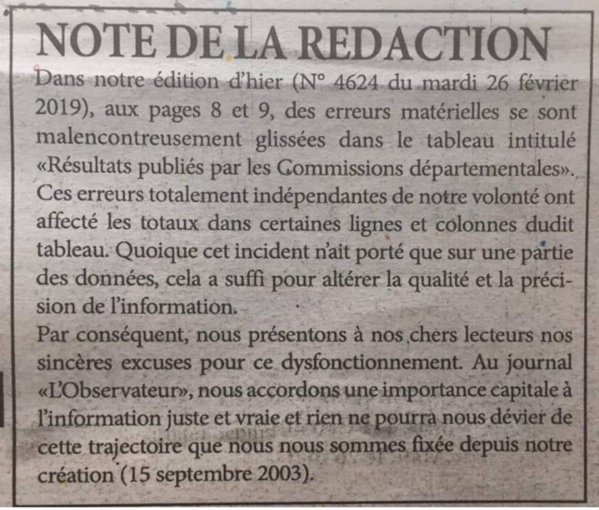 Résultats favorables à Macky: L'Obs reconnait sa bourde et présente ses excuses