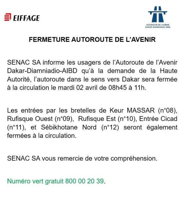 Prestation de serment de Macky Sall: l’autoroute à péage fermée demain Prestation de serment de Macky Sall: l’autoroute à péage fermée demain