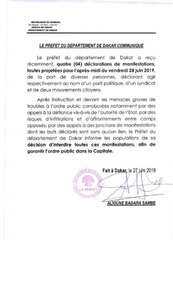 Le préfet de Dakar interdit toutes les manifestations prévues ce vendredi