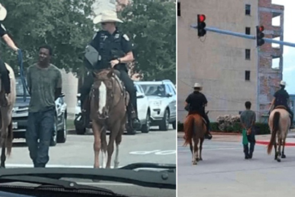 Texas : Un homme noir mené avec une corde par des policiers à cheval Texas : Un homme noir mené avec une corde par des policiers à cheval