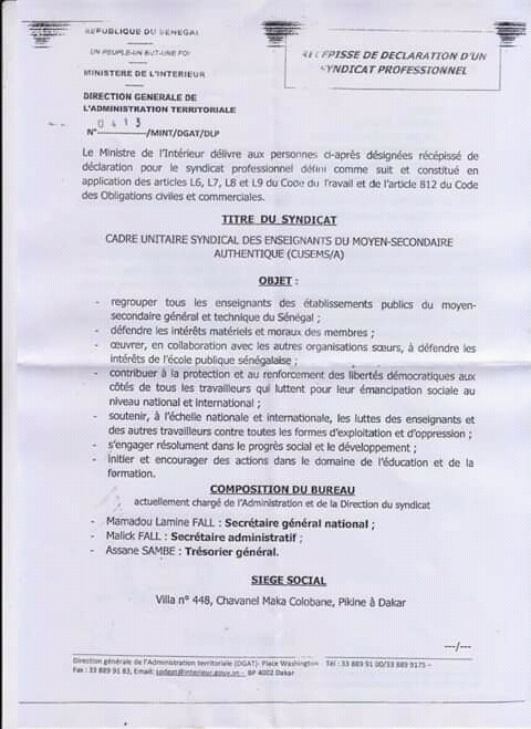Secrétariat général du CUSEMS/A: Dame Mbodj viré (Documents) Secrétariat général du CUSEMS/A: Dame Mbodj viré (Documents)