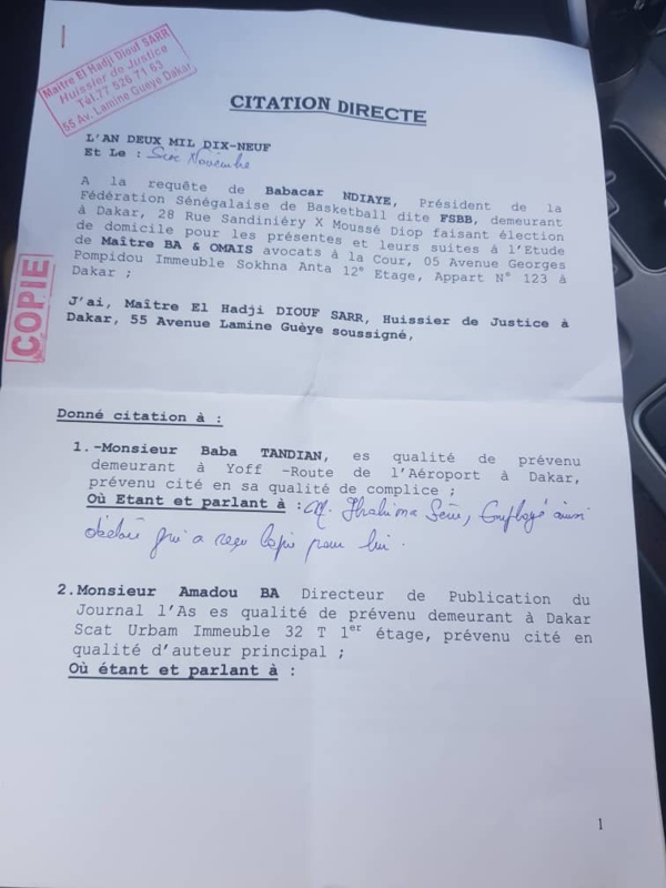 Basket : Pour avoir osé demander des comptes à Me Ndiaye, Baba Tiandian reçoit une citation directe