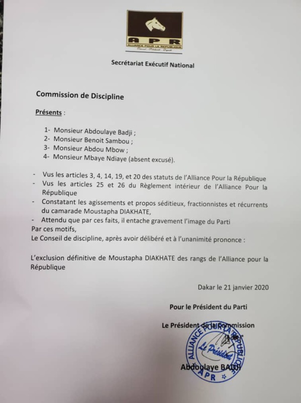 Dernière minute: Moustapha Diakhaté exclu de l’APR (DOCUMENT) Dernière minute: Moustapha Diakhaté exclu de l’APR (DOCUMENT)