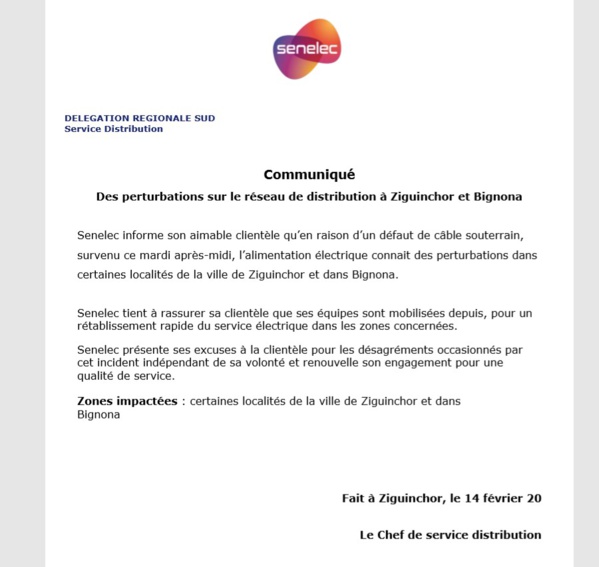 Bignona sans électricité depuis 48H: La Senelec se prononce (Document) Bignona sans électricité depuis 48H: La Senelec se prononce (Document)