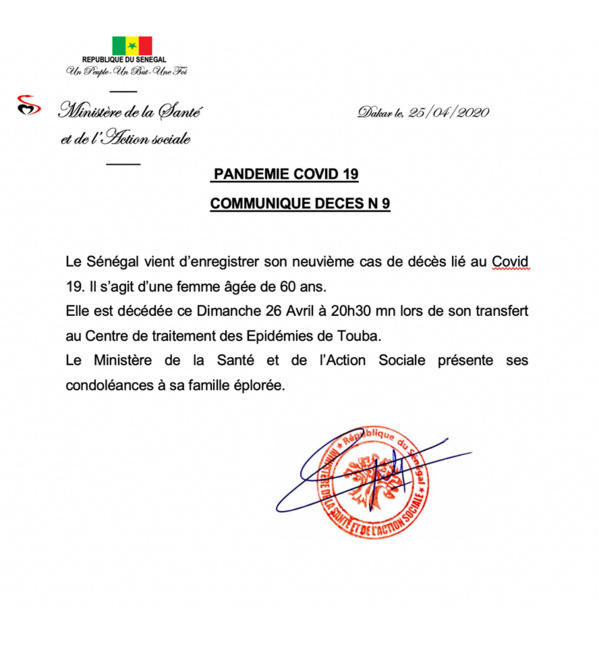 Covid19: Le Sénégal enregistre son 9ème décès (Document) Covid19: Le Sénégal enregistre son 9ème décès (Document)