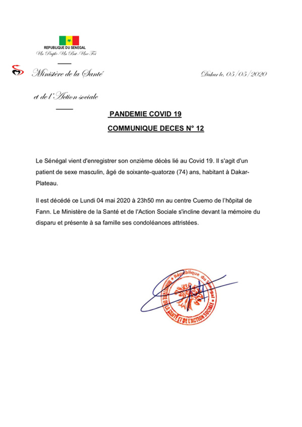 SENEGAL: 11ème décès du covid-19
