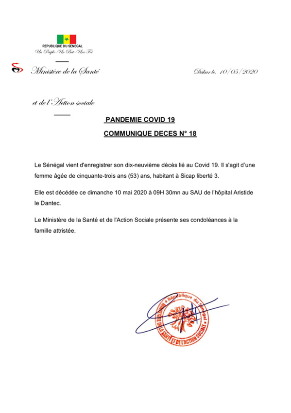 Le bilan du Covid- 19 au Sénégal s'alourdit....19 morts... 07 cas graves Le bilan du Covid- 19 au Sénégal s'alourdit....19 morts... 07 cas graves