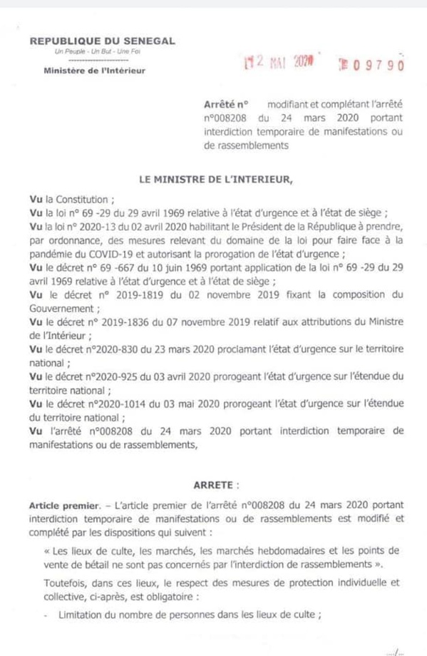 Lieux de cultes, marchés... Voici les nouvelles mesures prises par le ministre de l'intérieur (Documents)