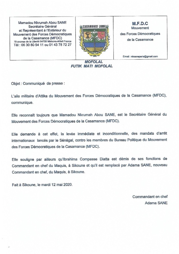 L'aille militaire du MFDC: Voici le nouveau bureau, Adama Sané remplace Compasss Diatta (Documents) L'aille militaire du MFDC: Voici le nouveau bureau, Adama Sané remplace Compasss Diatta (Documents)