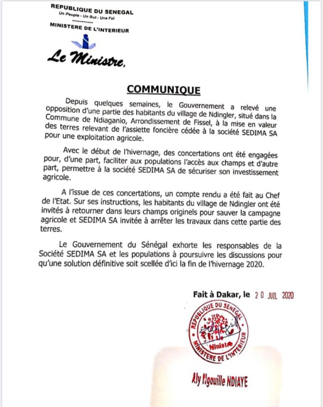 Les Champs de Ndengler: Le Pdg de Sédima n'a pas été exproprié (Communiqué) Les Champs de Ndengler: Le Pdg de Sédima n'a pas été exproprié (Communiqué)