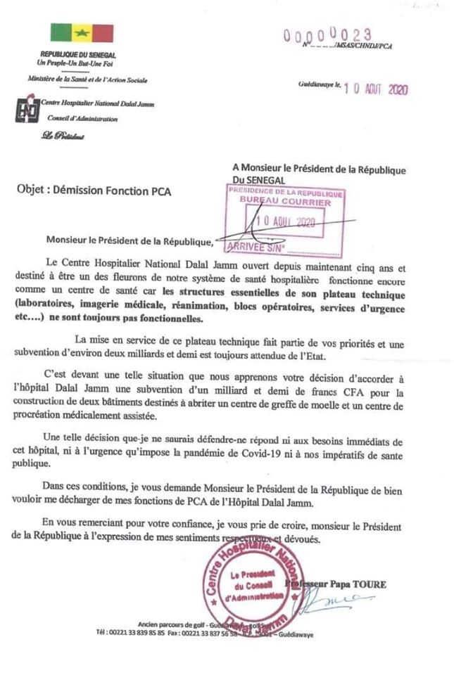 Hôpital Dalal Jamm: Le PCA tacle Macky Sall et démissionne (DOCUMENT)