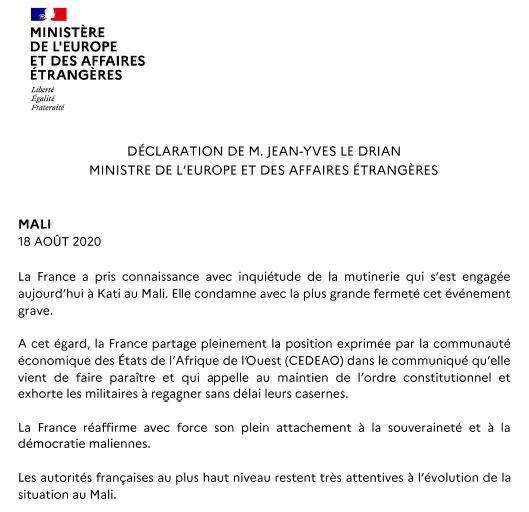 Mutinerie au Mali: Les inquiétudes de la France (Communiqué)