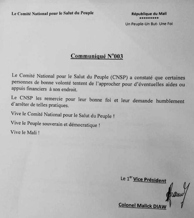 Mali, le CNSP éconduit des bailleurs de fond (Communiqué) Mali, le CNSP éconduit des bailleurs de fond (Communiqué)