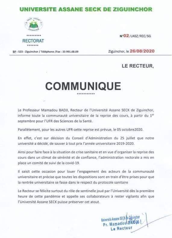 Université de Ziguinchor: Les cours vont bel et bien démarrer le 1 septembre 2020 pour... (Communiqué)