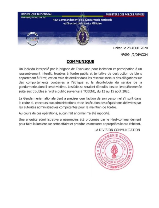 Accusation d'Ardo Gningue: La gendarmerie brise le silence Accusation d'Ardo Gningue: La gendarmerie brise le silence
