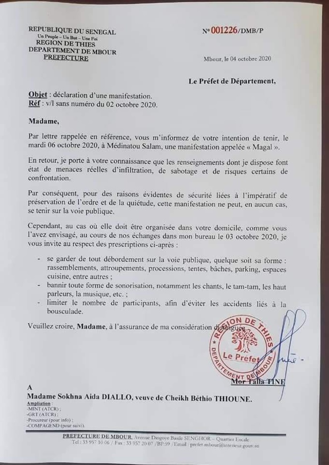 Magal à Médinatoul Salam: Le préfet "ferme" la voie publique à Sokhna Aïda Diallo Magal à Médinatoul Salam: Le préfet "ferme" la voie publique à Sokhna Aïda Diallo