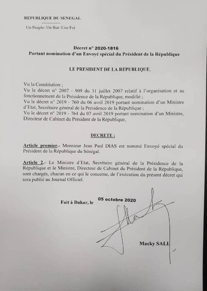 Présidence de la république: Jean Paul Dias nommé...(Document)