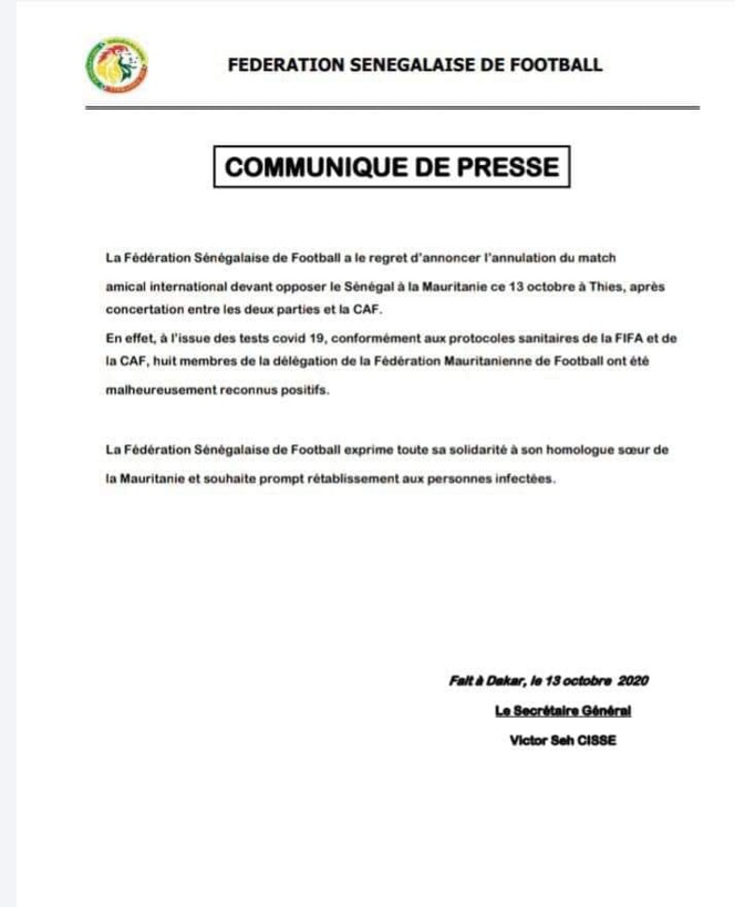 Le match amical Sénégal-Mauritanie annulé (Document) Le match amical Sénégal-Mauritanie annulé (Document)