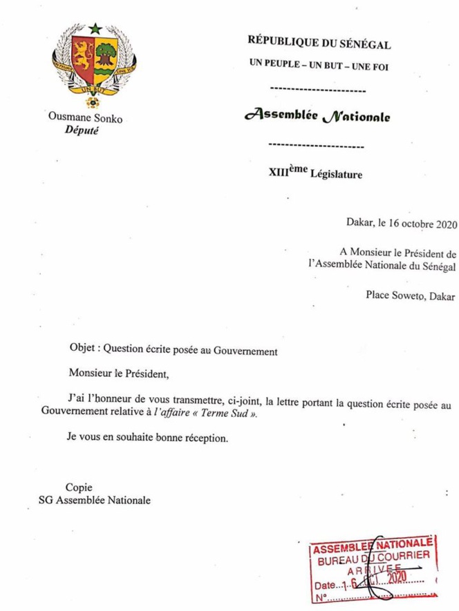 Assemblée nationale: Sonko dépose deux questions écrites sur l'affaire "Terme Sud et la cession de biens immobiliers appartenant à l'Etat"