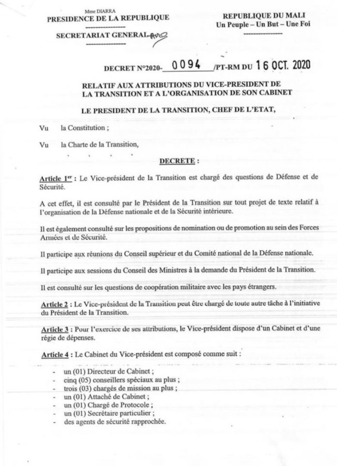 Mali: Le Colonel Assimi Goïta se dote d’un Cabinet d’une douzaine de membres (Documents)