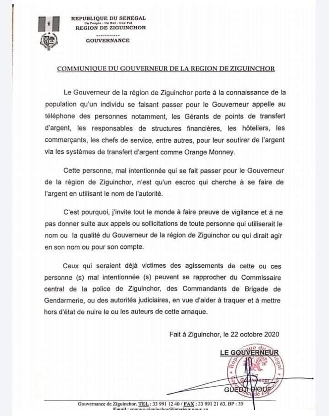 Un raquetteur se fait passer pour le gouverneur de Ziguinchor Un raquetteur se fait passer pour le gouverneur de Ziguinchor